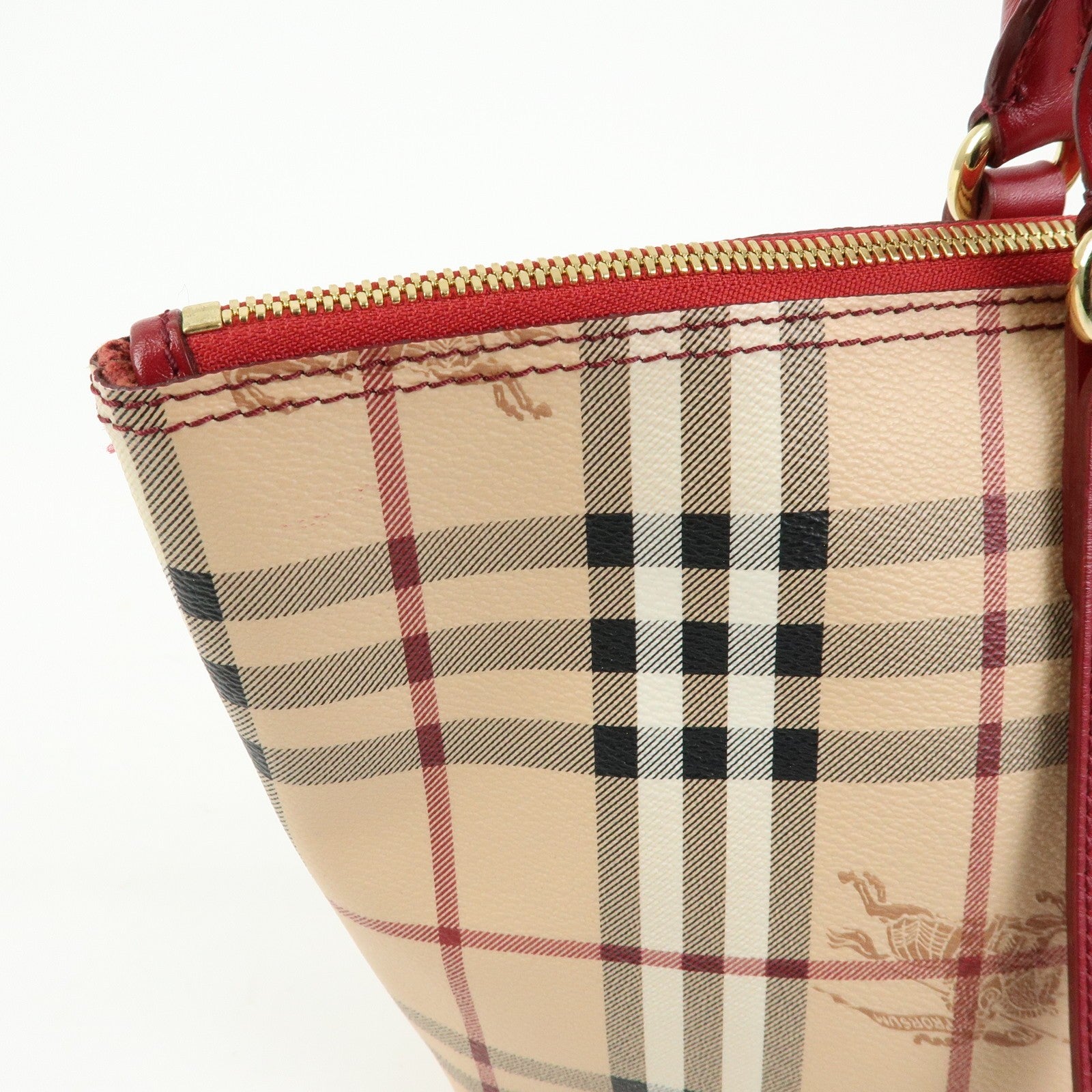 Burberry Nova Plaid Tote Bag - Beige, Red, PVC Leather 