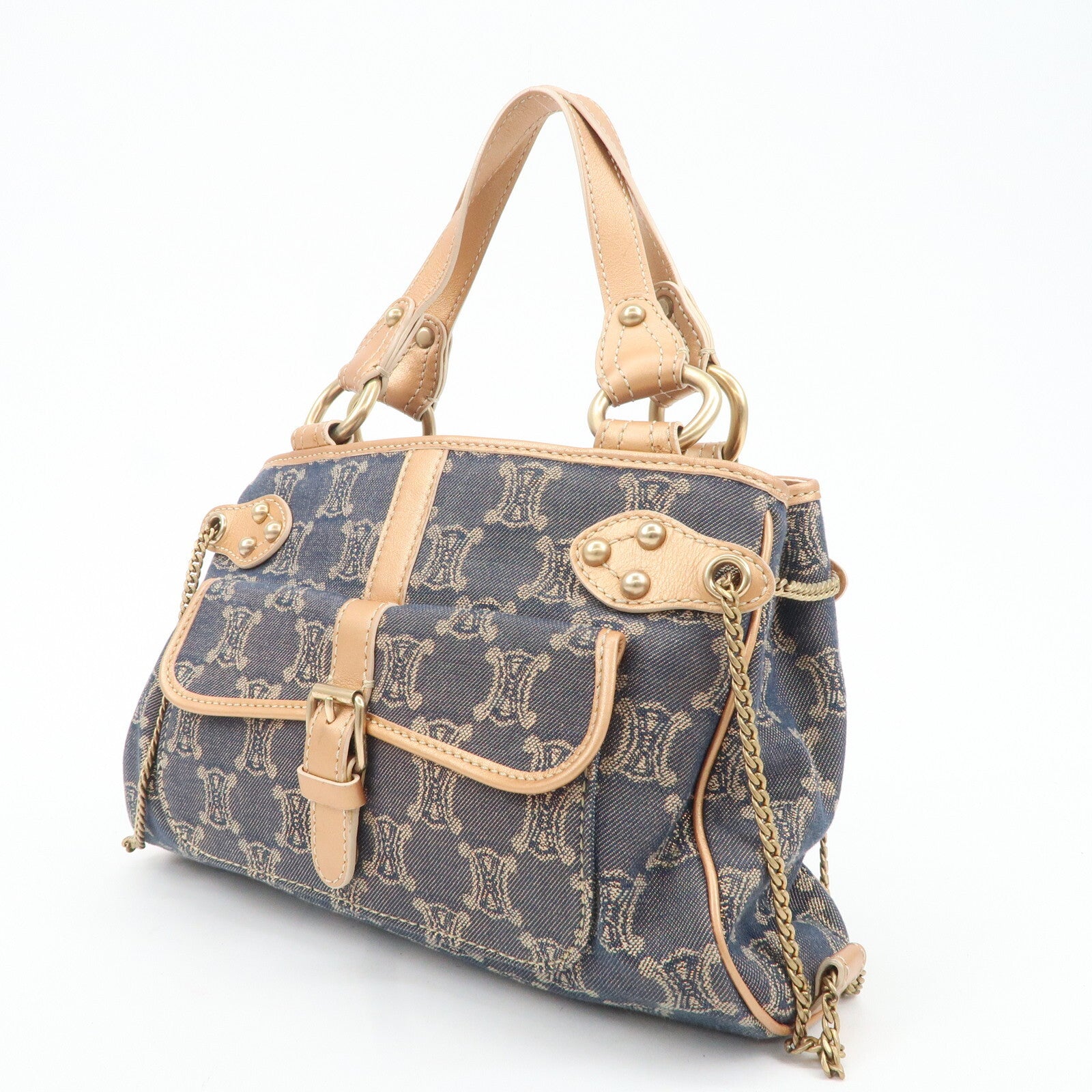 Celine Macadam Denim Leather Tote Bag - Navy/Brown, Denim/Leather