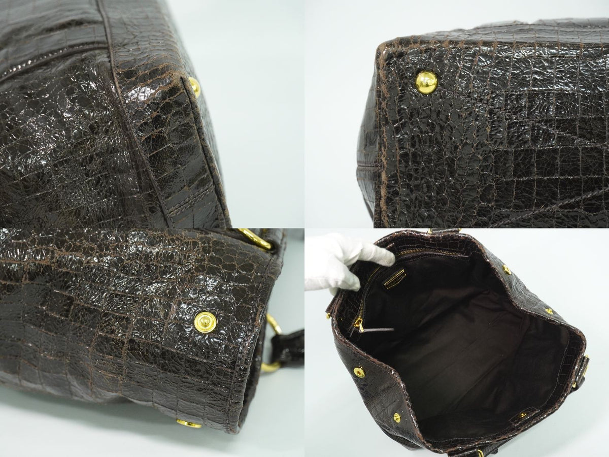 Miu Miu Crocodile-Embossed Tote Handbag - Brown, Patent Leather