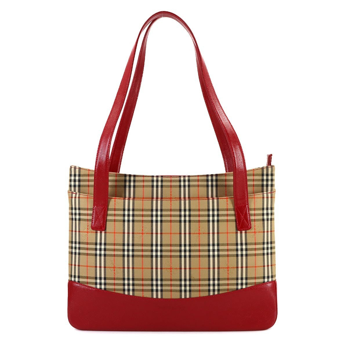 Burberry Plaid Tote Bag - Brown, Red, Canvas, Leather