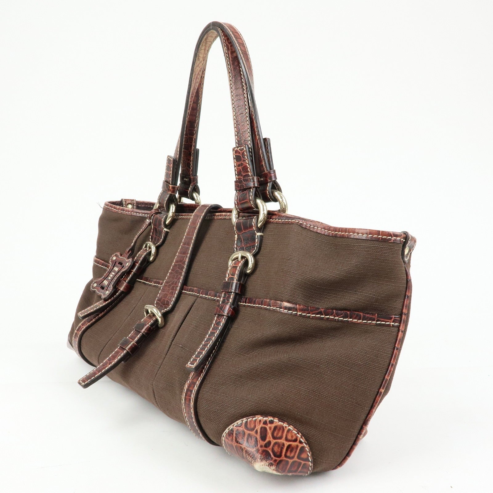 Celine Logo Canvas Tote Bag - Brown, Embossed Leather