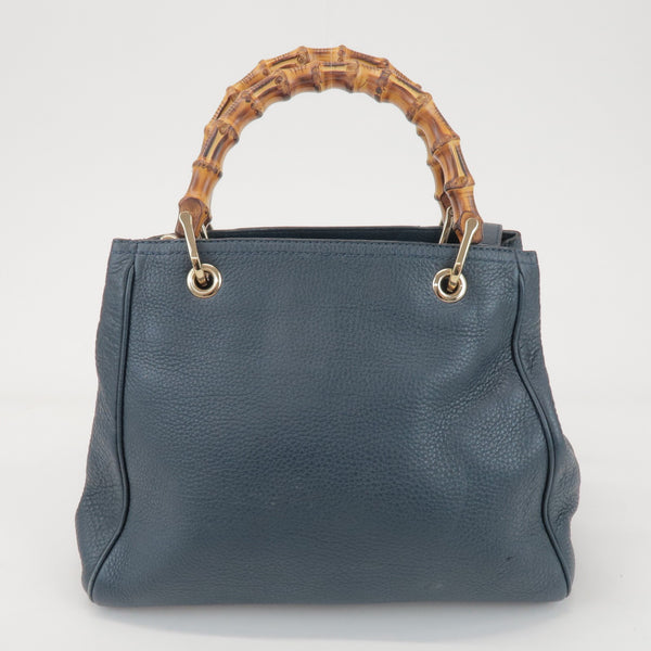 GUCCI Bamboo Calf Leather 2 Way Bag Tote Bag Navy