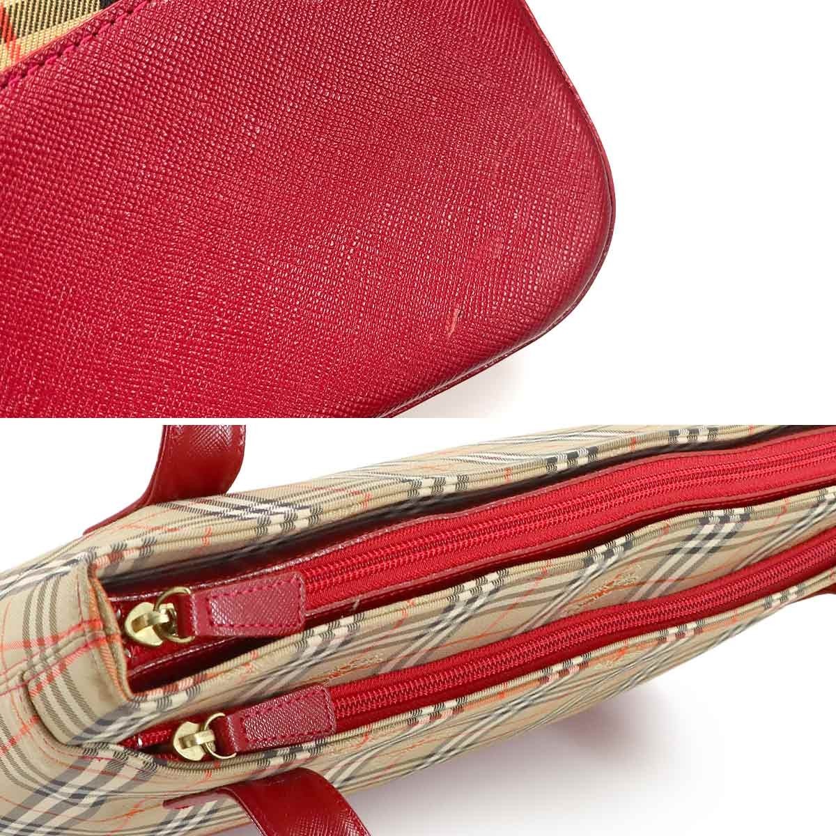 Burberry Plaid Tote Bag - Brown, Red, Canvas, Leather