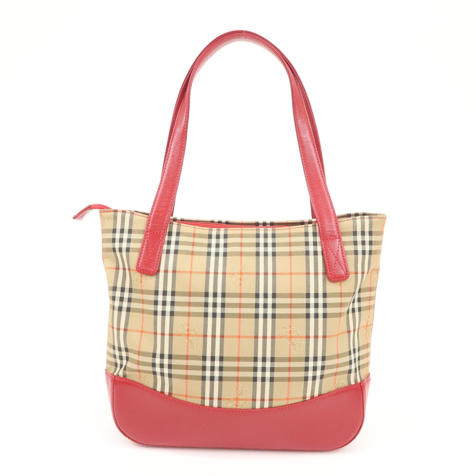 Burberry Nova Plaid Tote Bag - Red Beige, Leather Canvas