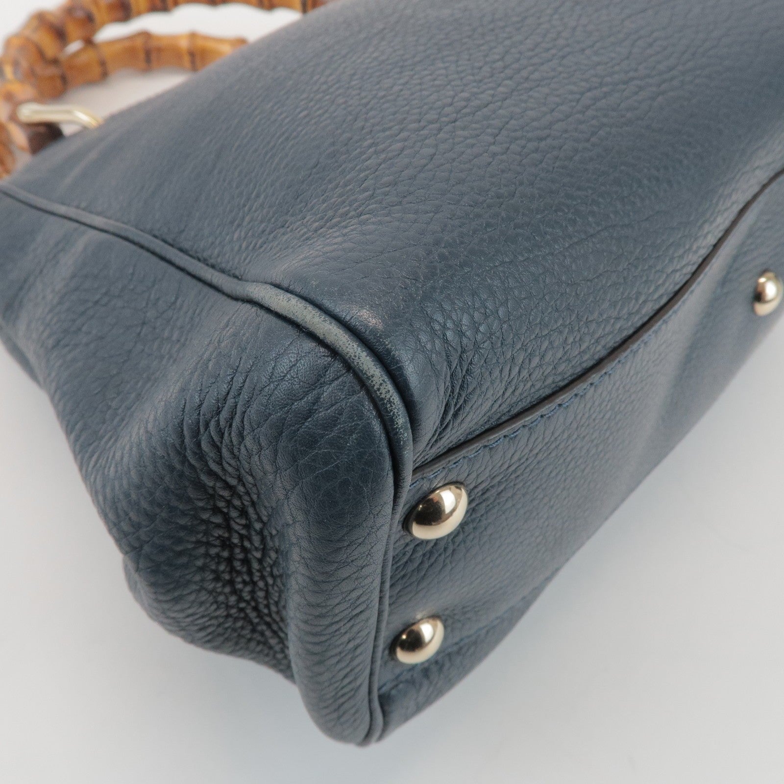 GUCCI Bamboo Calf Leather 2 Way Bag Tote Bag Navy