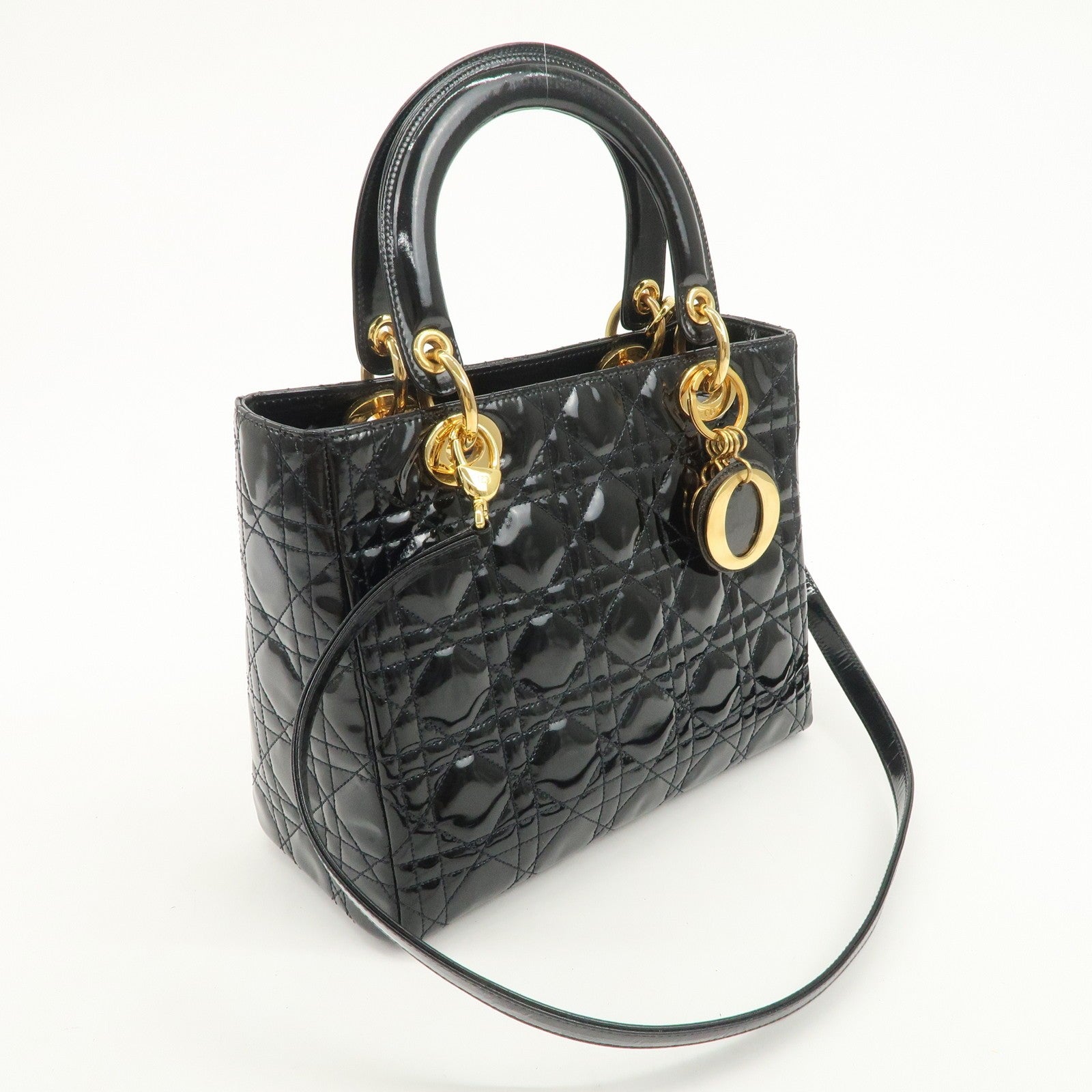 Christian Dior Lady Dior 2Way Hand Bag - Black, Patent Leather