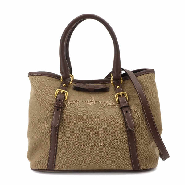 Prada Logo Jacquard Ribbon 2way Handbag - Beige, Canvas Leather