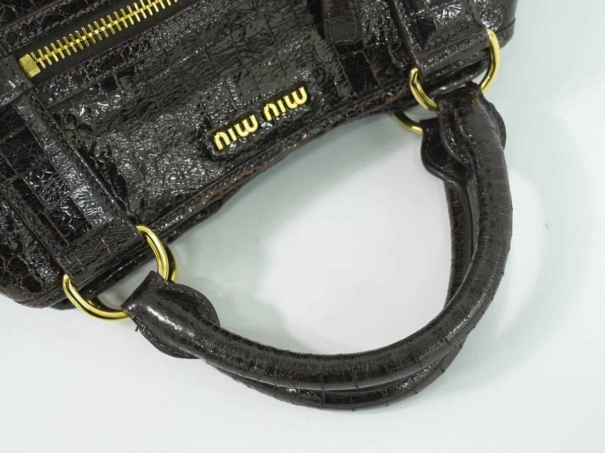 Miu Miu Crocodile-Embossed Tote Handbag - Brown, Patent Leather