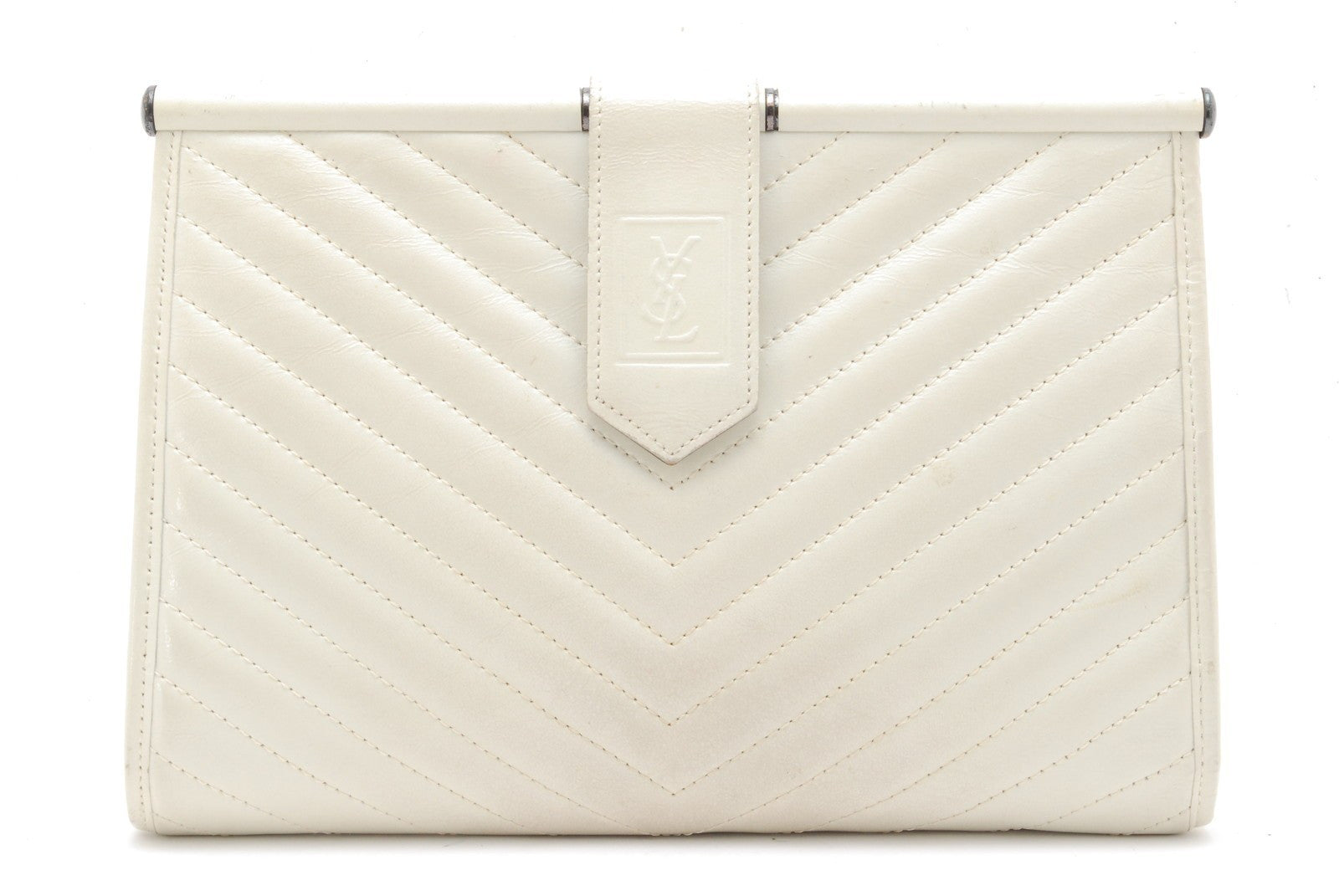 Saint Laurent Yves Saint Laurent Chevron Quilted Clutch Bag - White, Leather