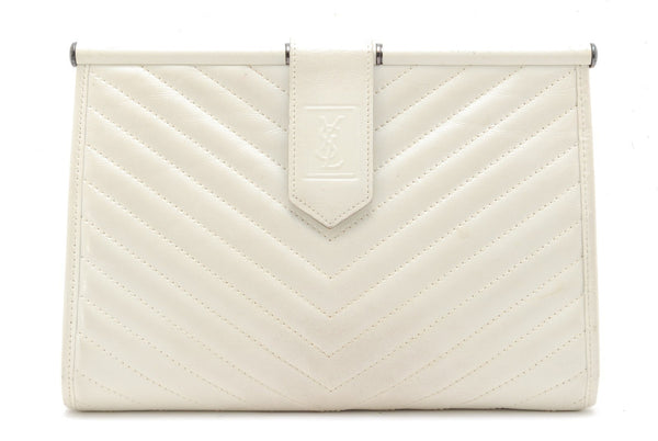 Saint Laurent Yves Saint Laurent Chevron Quilted Clutch Bag - White, Leather