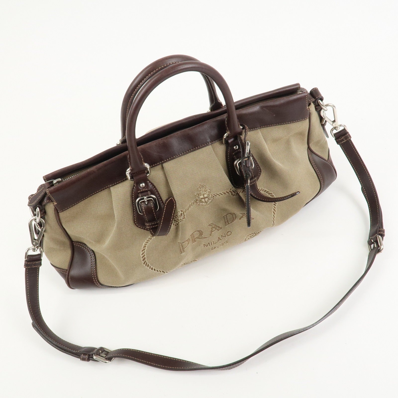Prada Logo 2Way Shoulder Hand Bag - Brown, Canvas and Leather