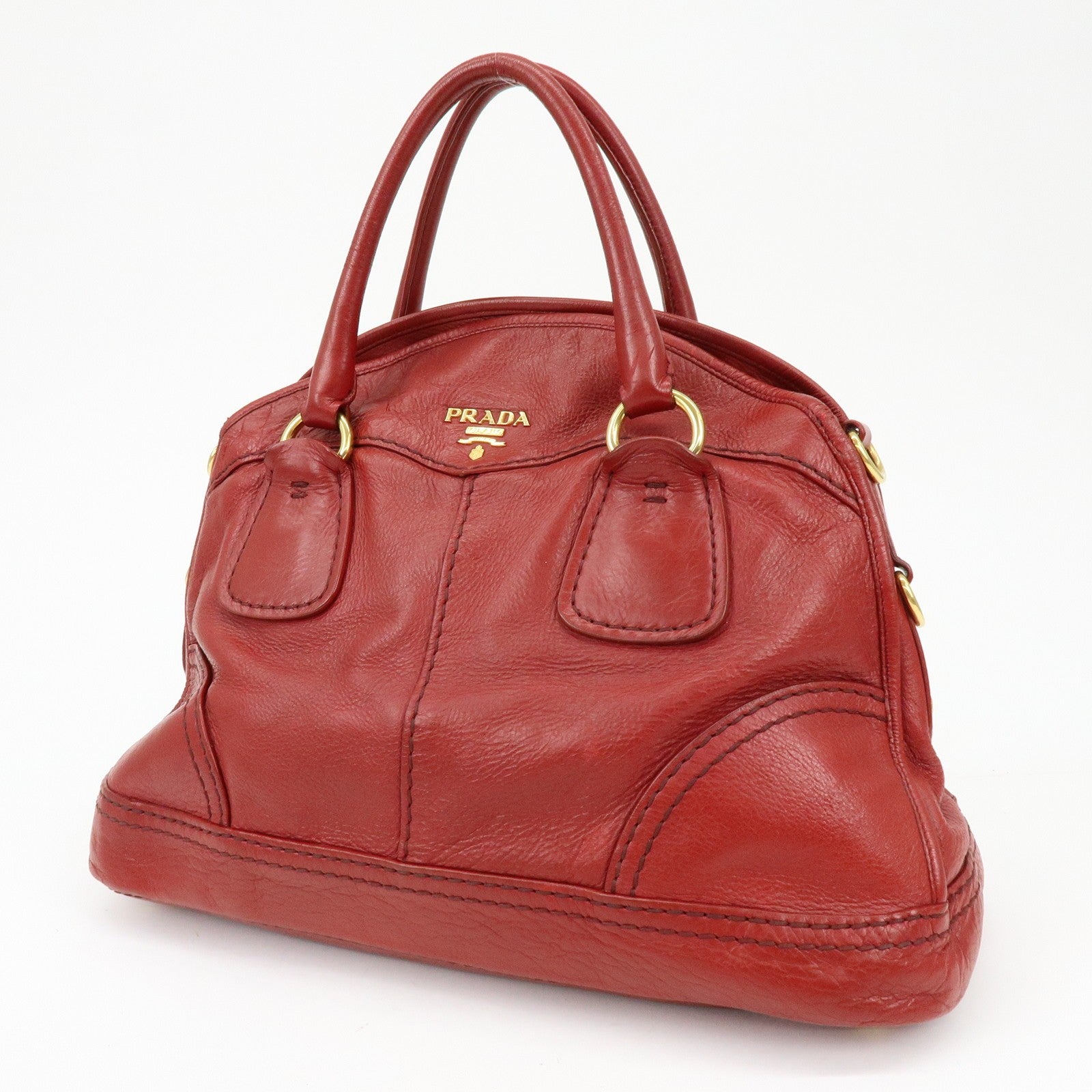 Prada Cervo Shine Leather Bowler Bag 2Way Tote Bag - Red, Leather
