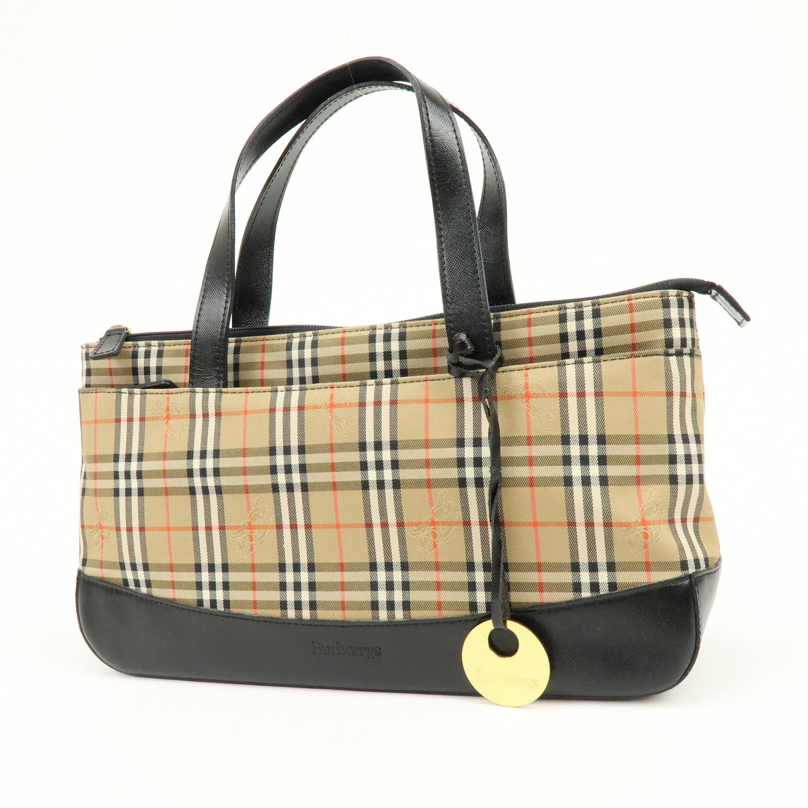 Burberry Nova Plaid Tote Bag - Brown, Black, Canvas, Leather 