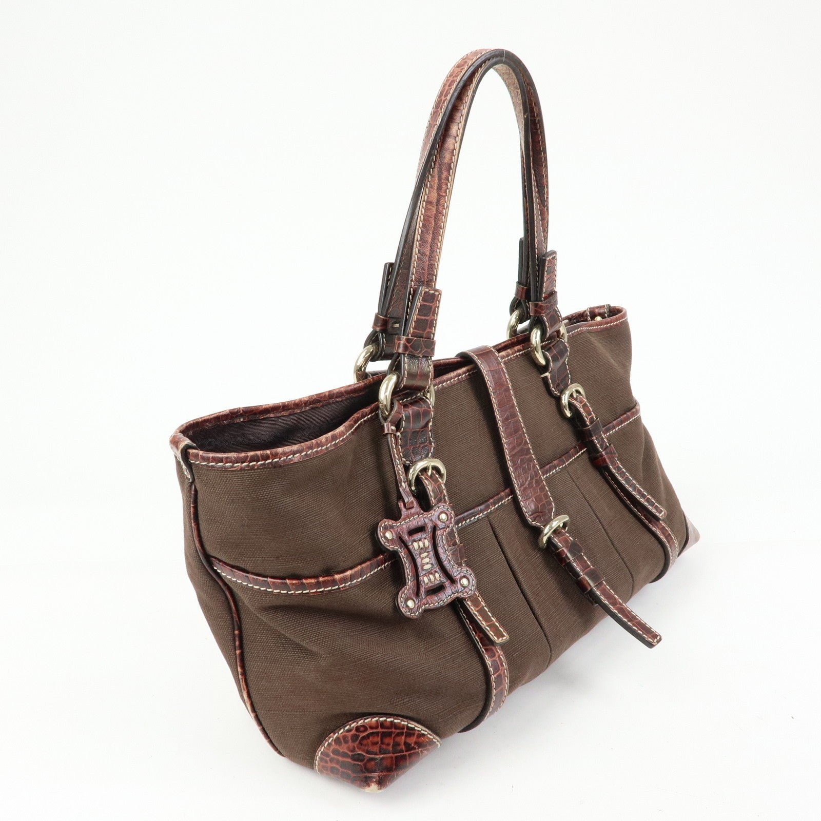 Celine Logo Canvas Tote Bag - Brown, Embossed Leather