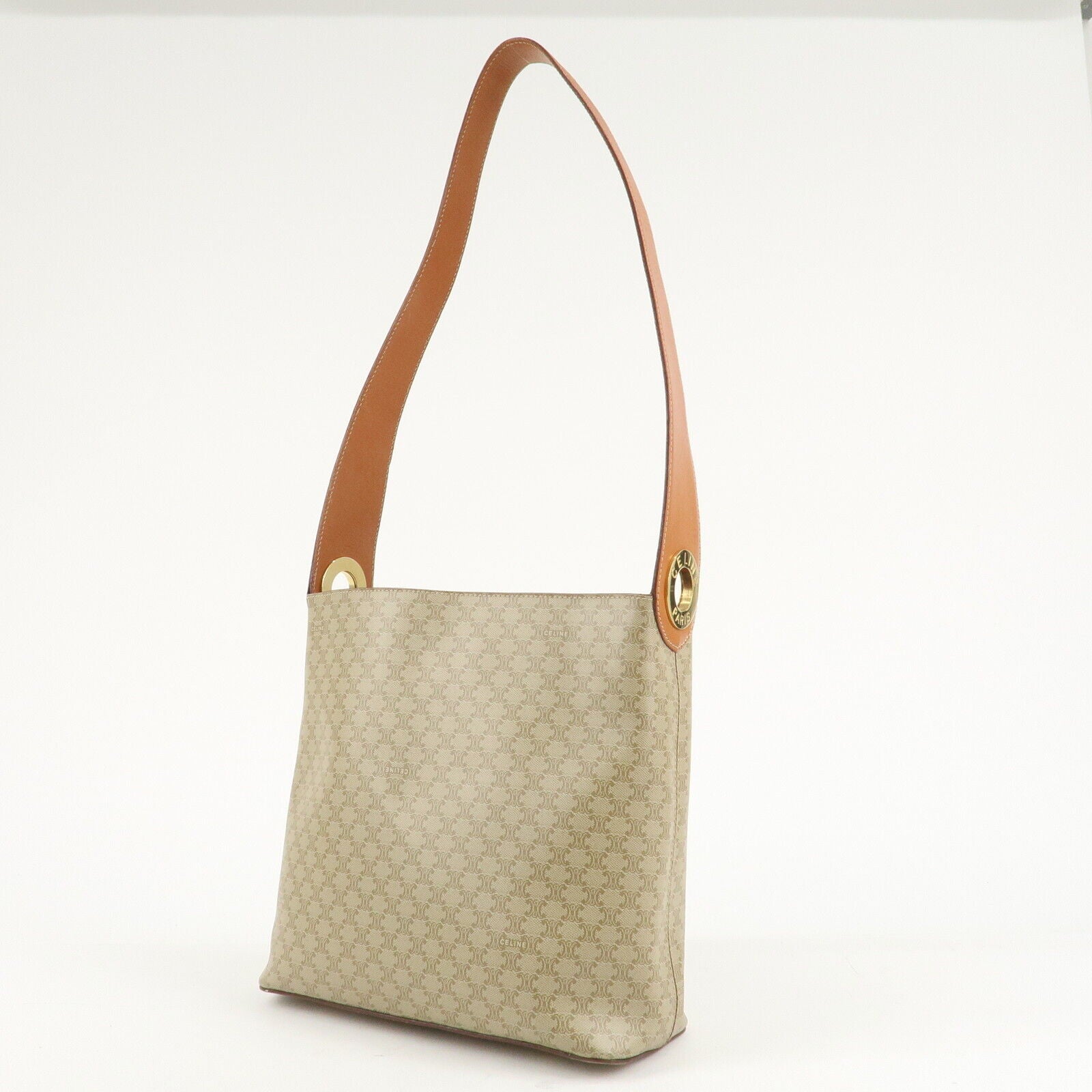 Celine Macadam PVC Leather Shoulder Bag Beige Brown Gold
