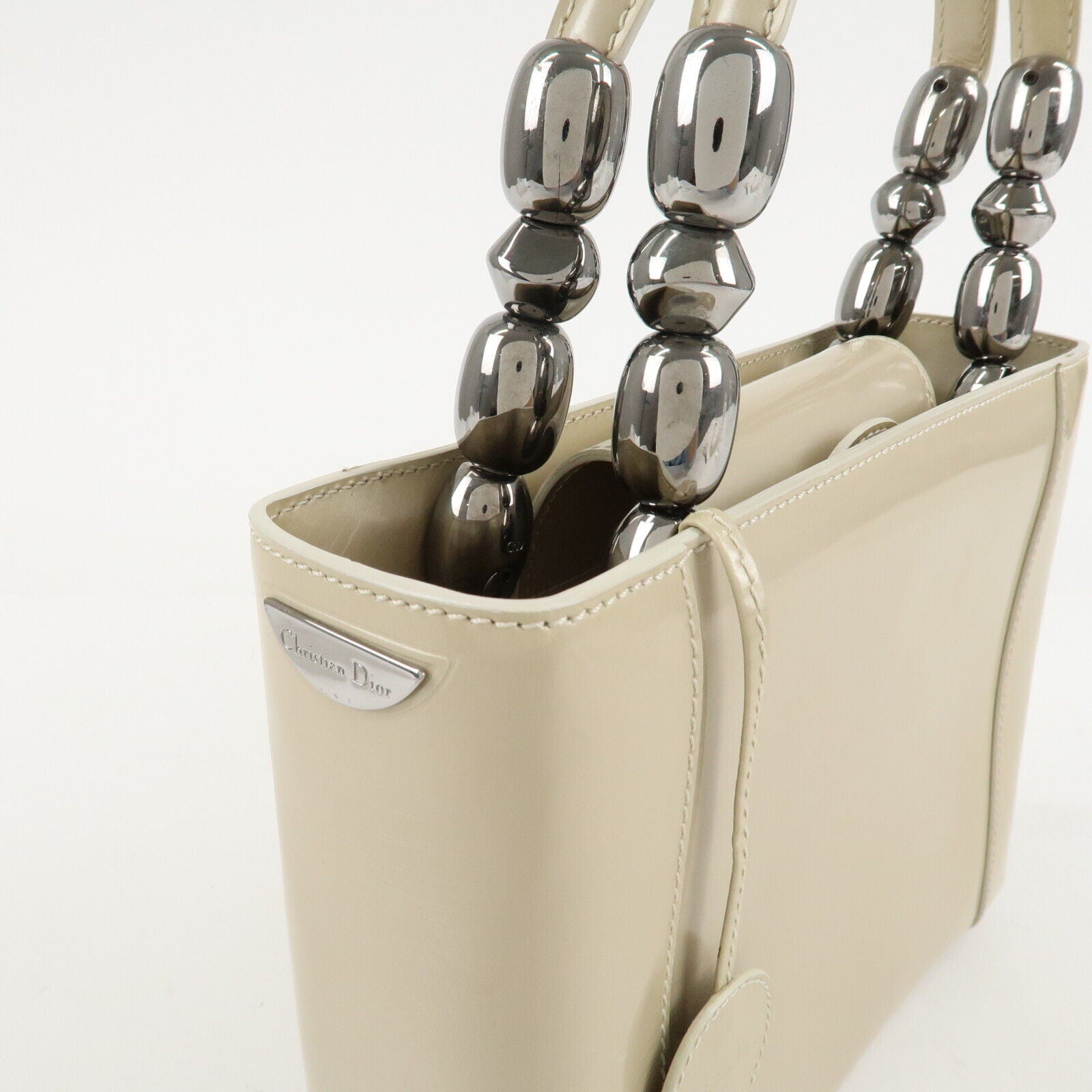 Christian Dior Maris Pearl Patent Leather Tote Bag Beige