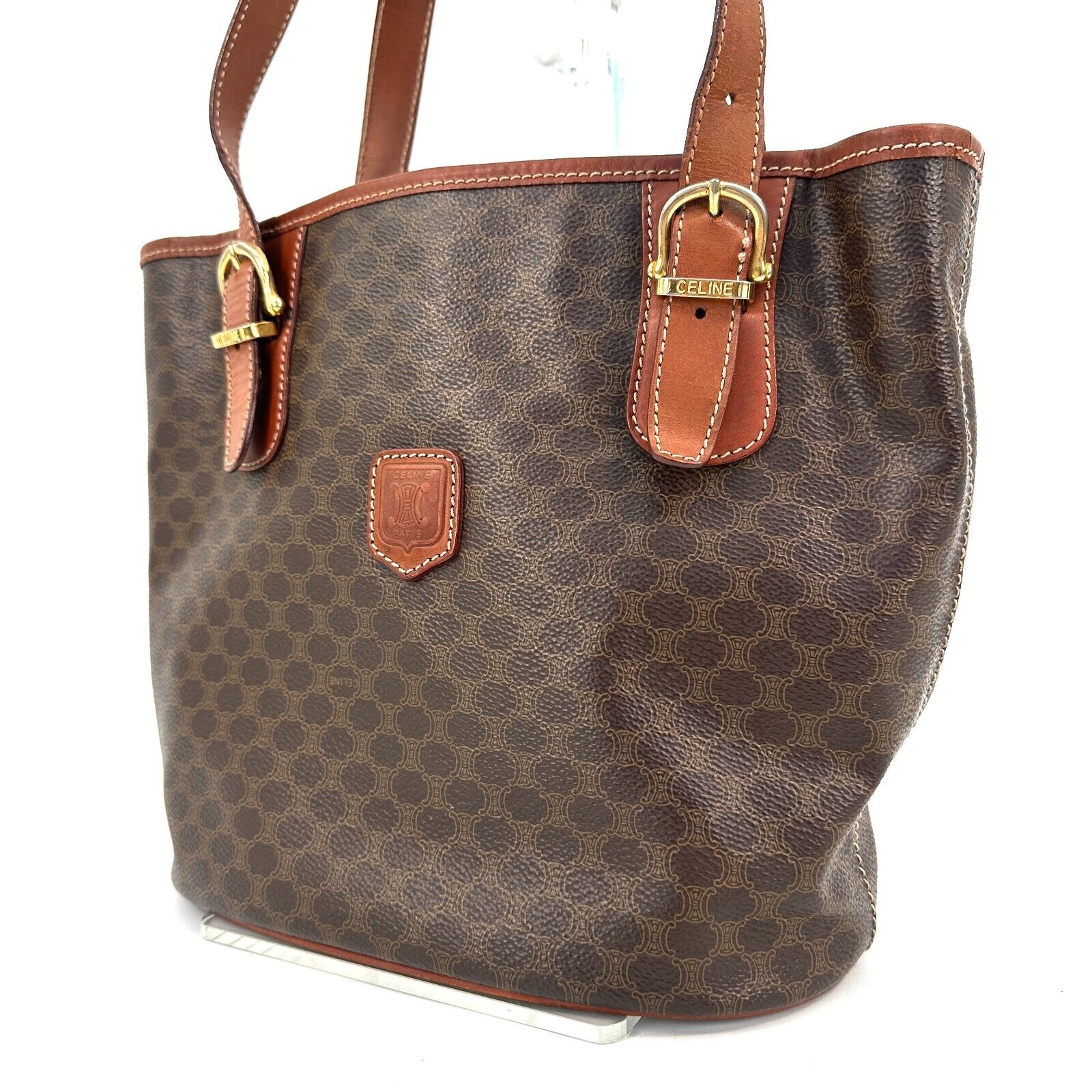 CELINE Macadam Canvas Boston Bag PVC Leather Brown