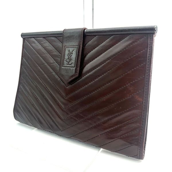 YVES SAINT LAURENT YSL Clutch Bag Leather Brown