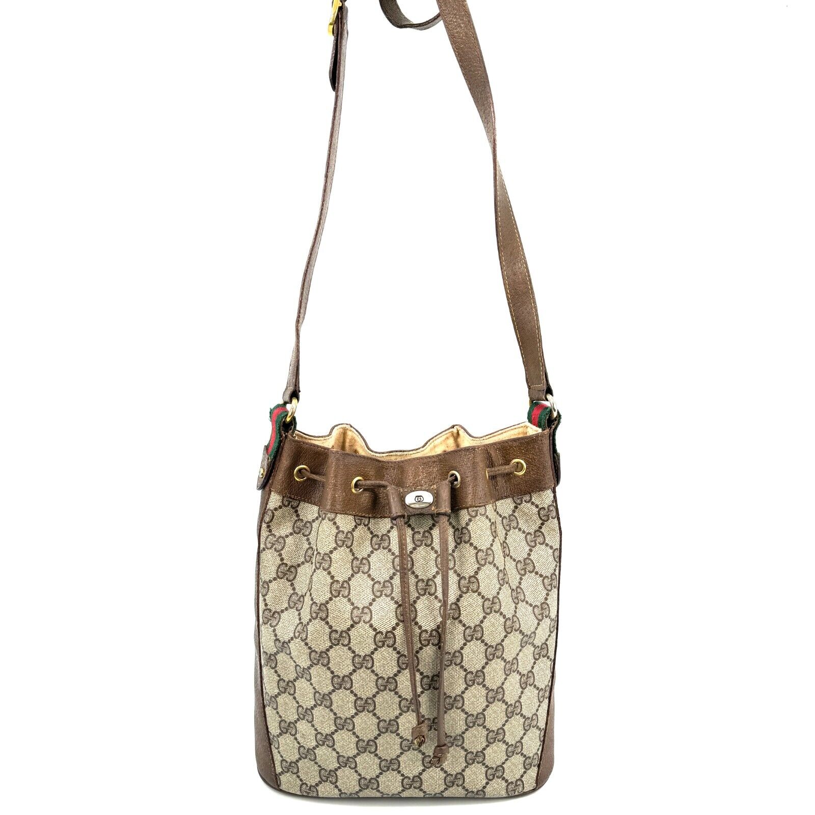 Gucci Vintage GG Sherry Line PVC Leather Drawstring Bucket Shoulder Bag