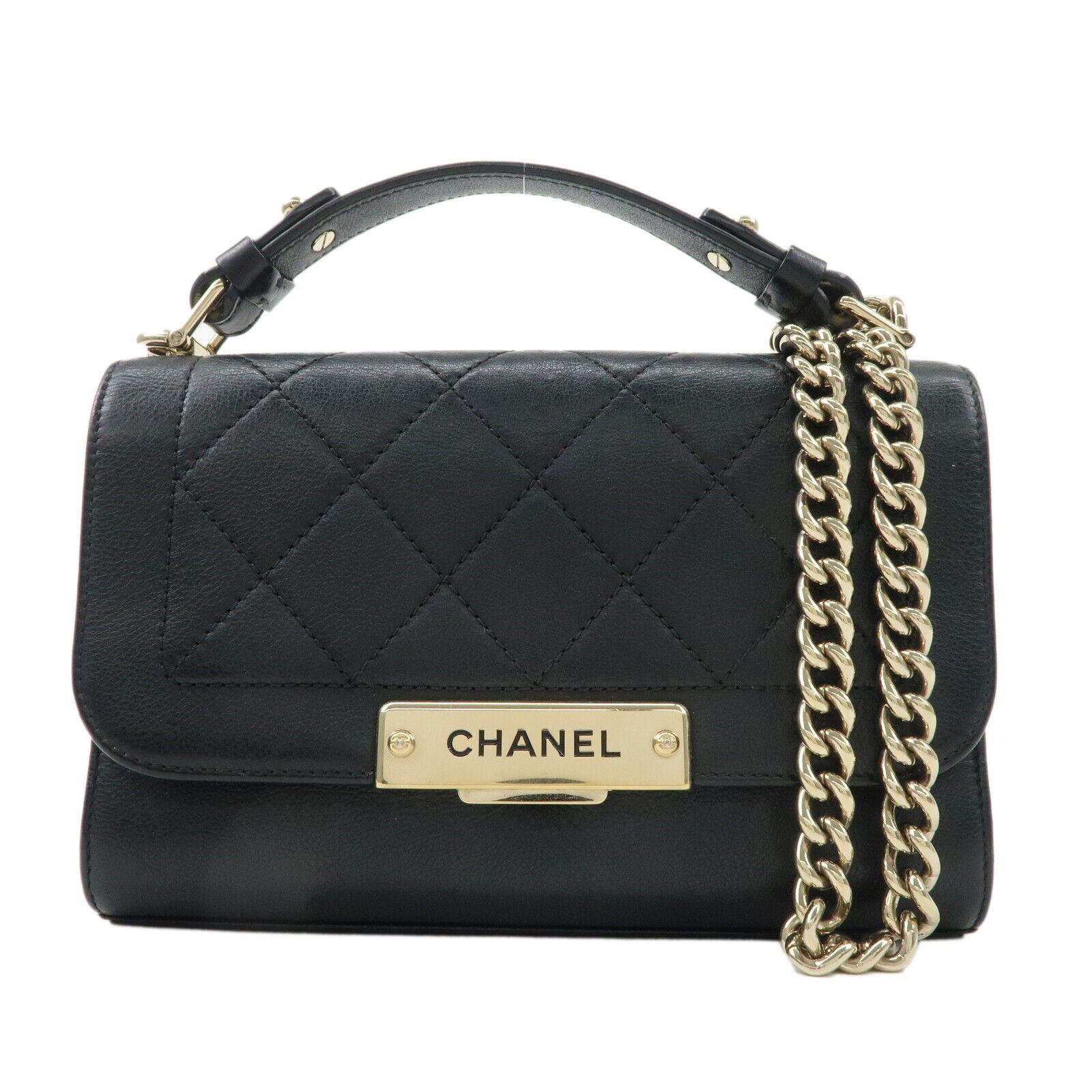 Chanel Logo Leather 2WAY Shoulder Bag Black & Gold Hardware