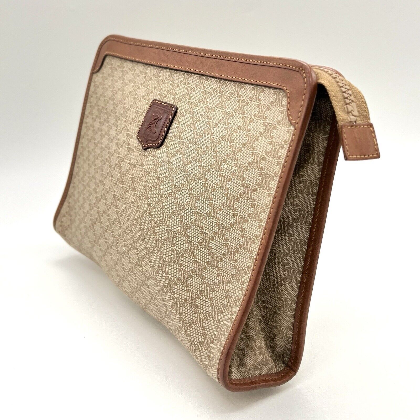 CELINE Vintage Clutch Bag Macadam Brown Purse PVC Leather