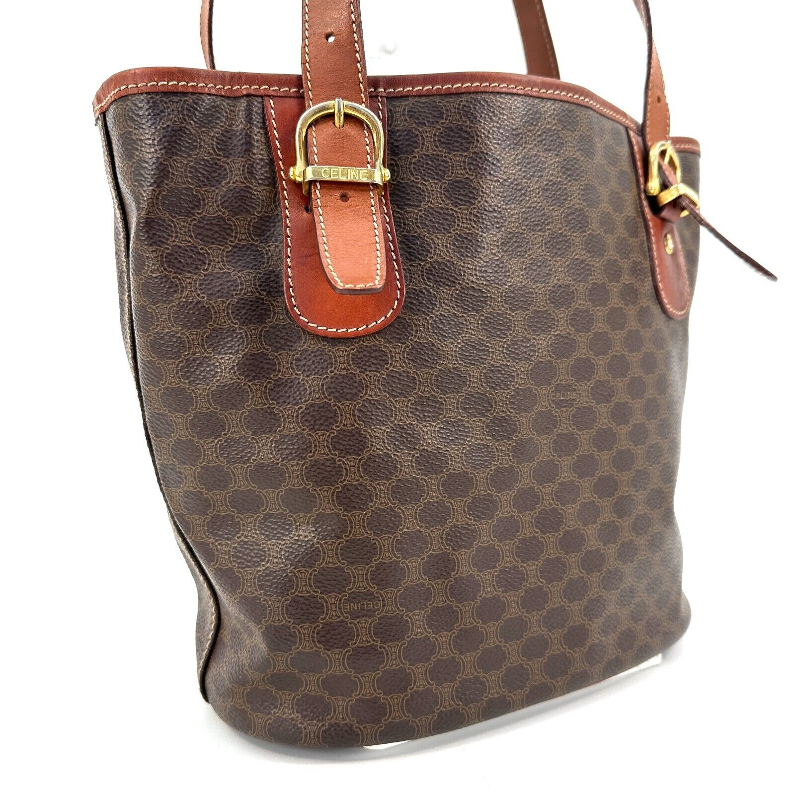 CELINE Macadam Canvas Boston Bag PVC Leather Brown