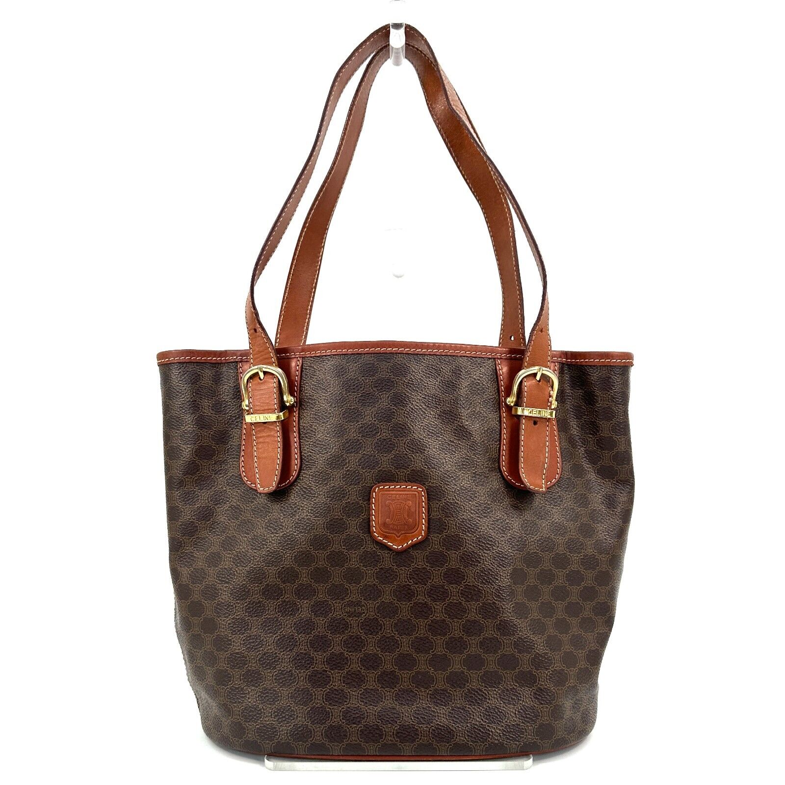CELINE Macadam Canvas Boston Bag PVC Leather Brown