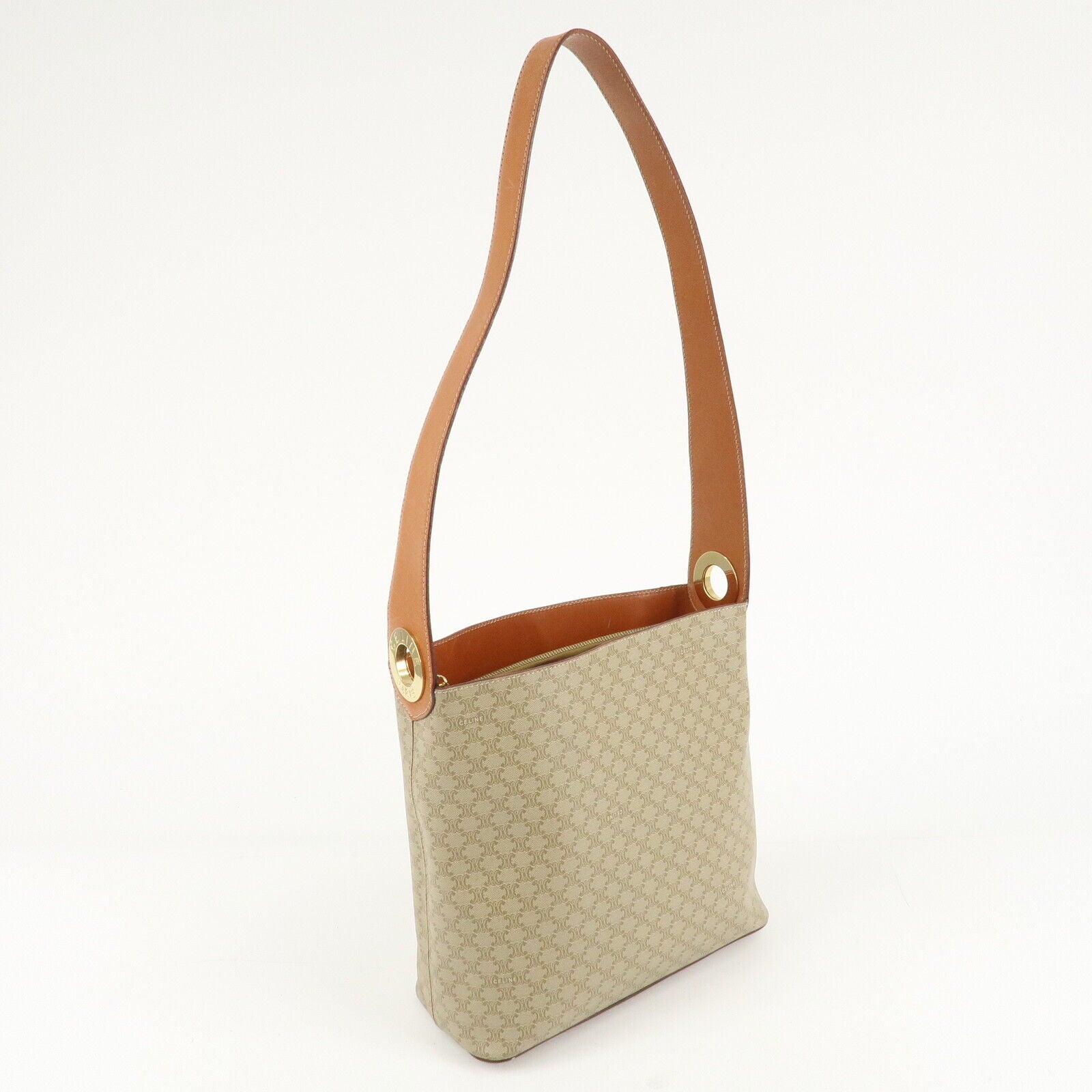 Celine Macadam PVC Leather Shoulder Bag Beige Brown Gold