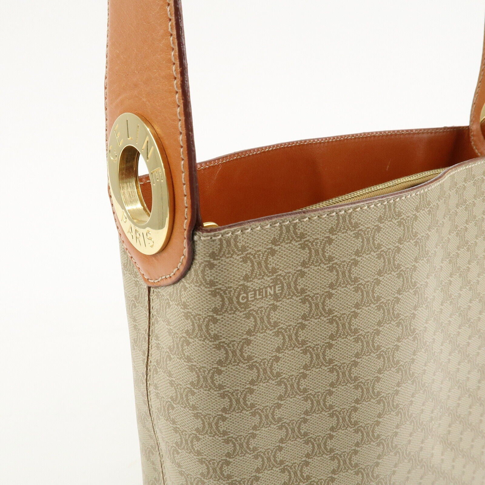 Celine Macadam PVC Leather Shoulder Bag Beige Brown Gold