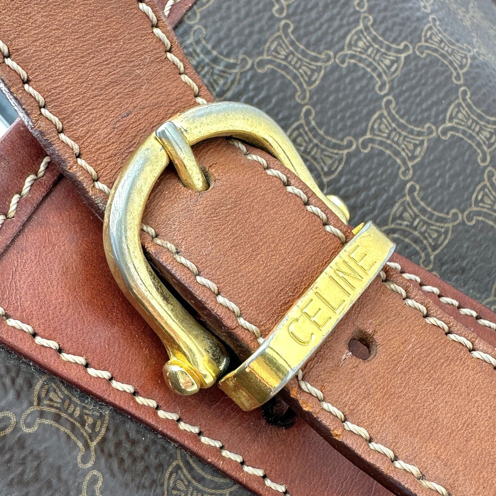 CELINE Macadam Canvas Boston Bag PVC Leather Brown